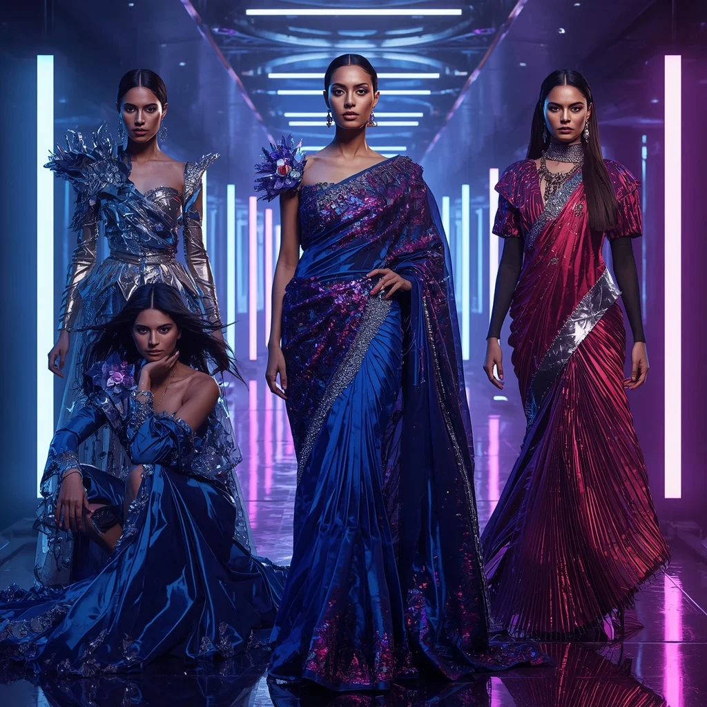 Sapphire Thunder Fantasy Saree with Floating Neon Orbit Hallways | Secret Ai Prompt