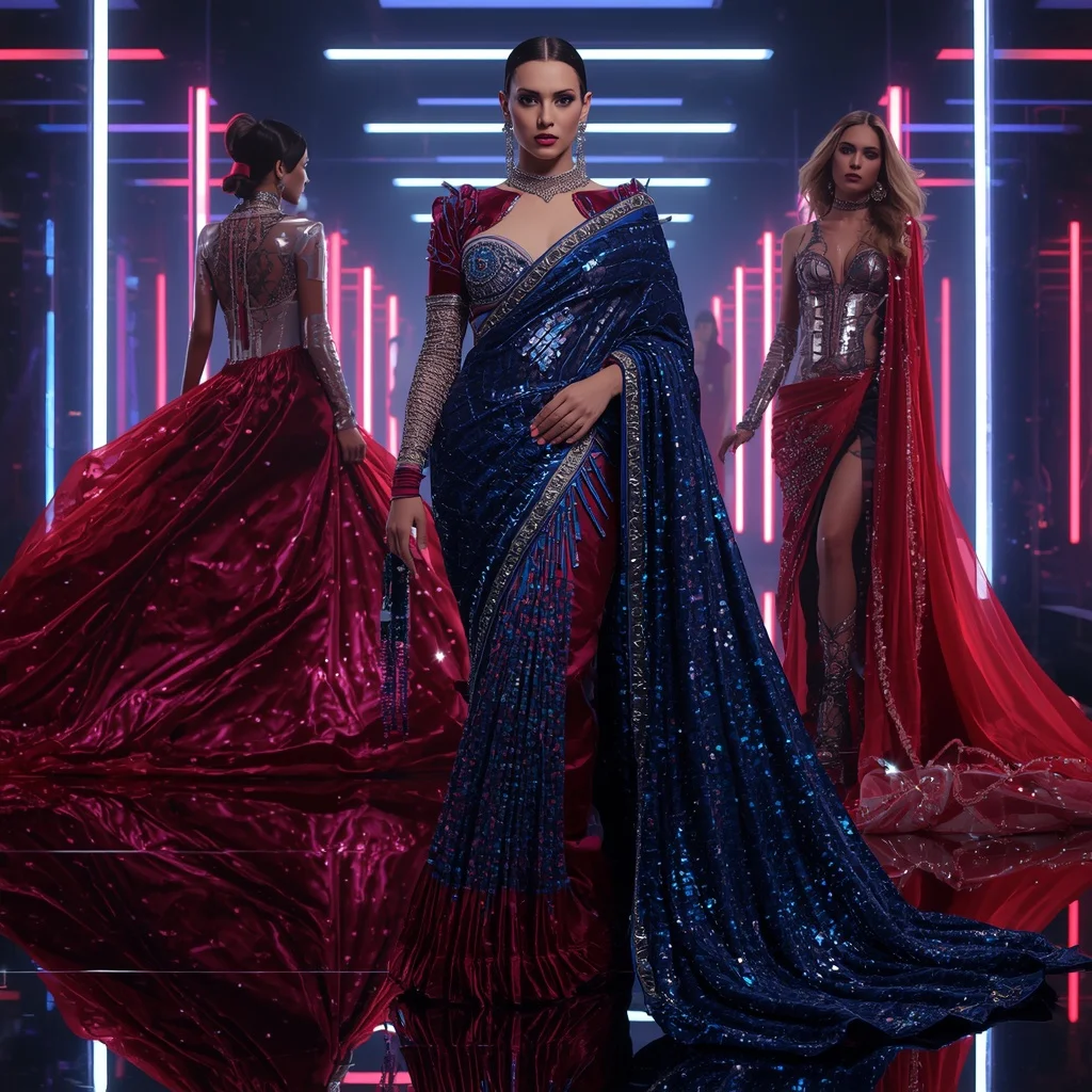 Sapphire Thunder Majesty Saree with Floating Neon Orbit Corridors | Ai Gemini Photo Prompt
