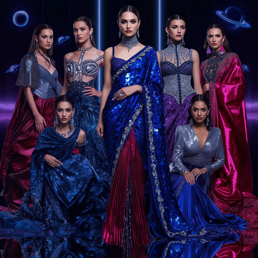 Sapphire Thunder Mirage Saree with Floating Neon Orbit Cathedrals | Google Prompt