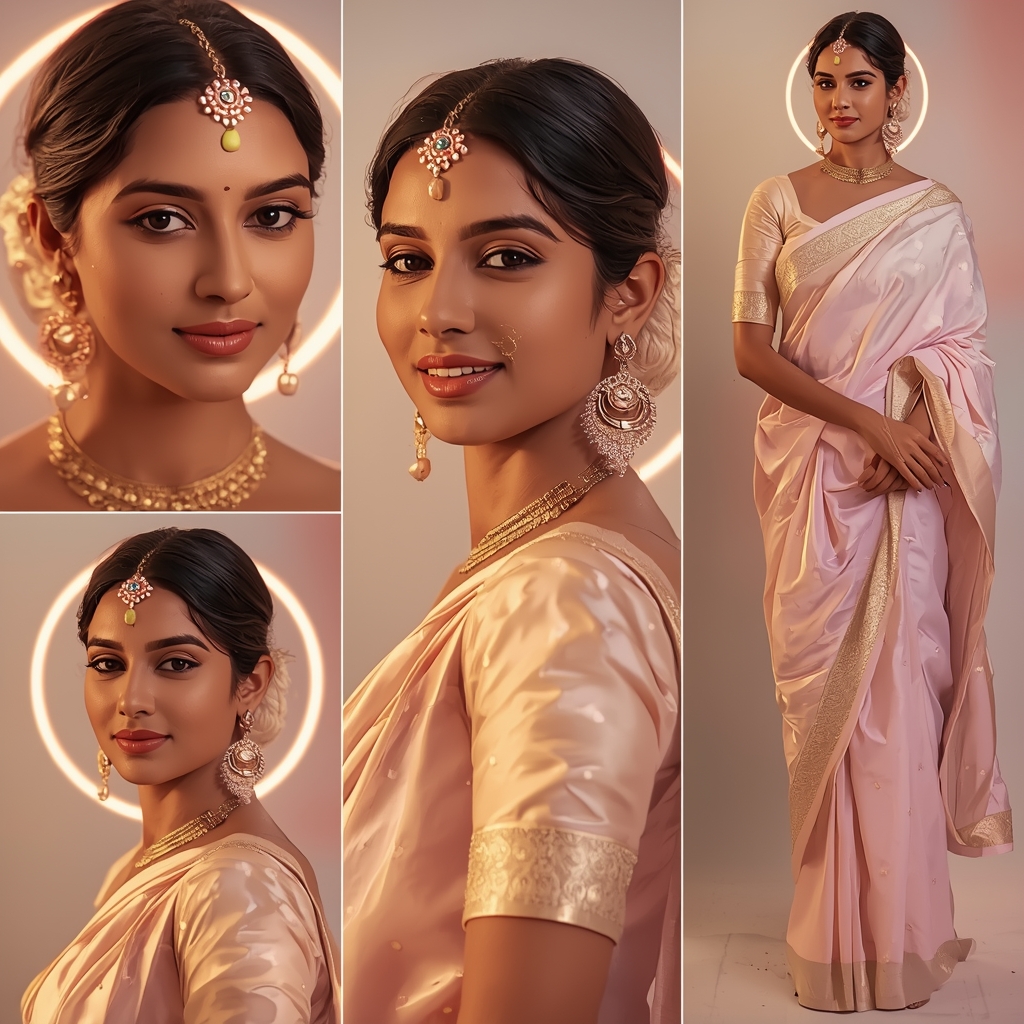 Serenity Pulse Halo Drift Pastel Saree Indian Woman Luxury Composition | Saree Profile Pic Ai Prompt
