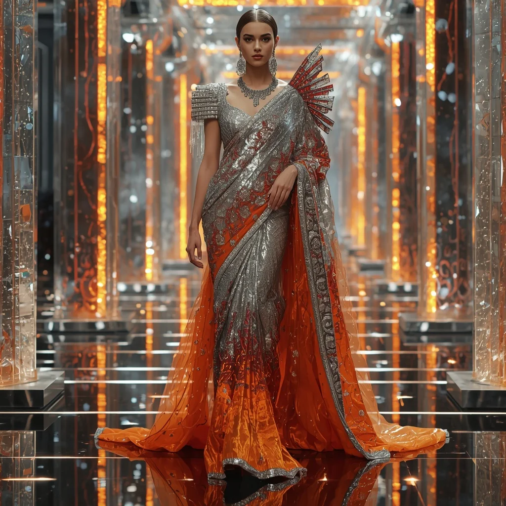 Silver Inferno Royale Saree with Futuristic Crystal Corridors | Influencers Ai Prompt