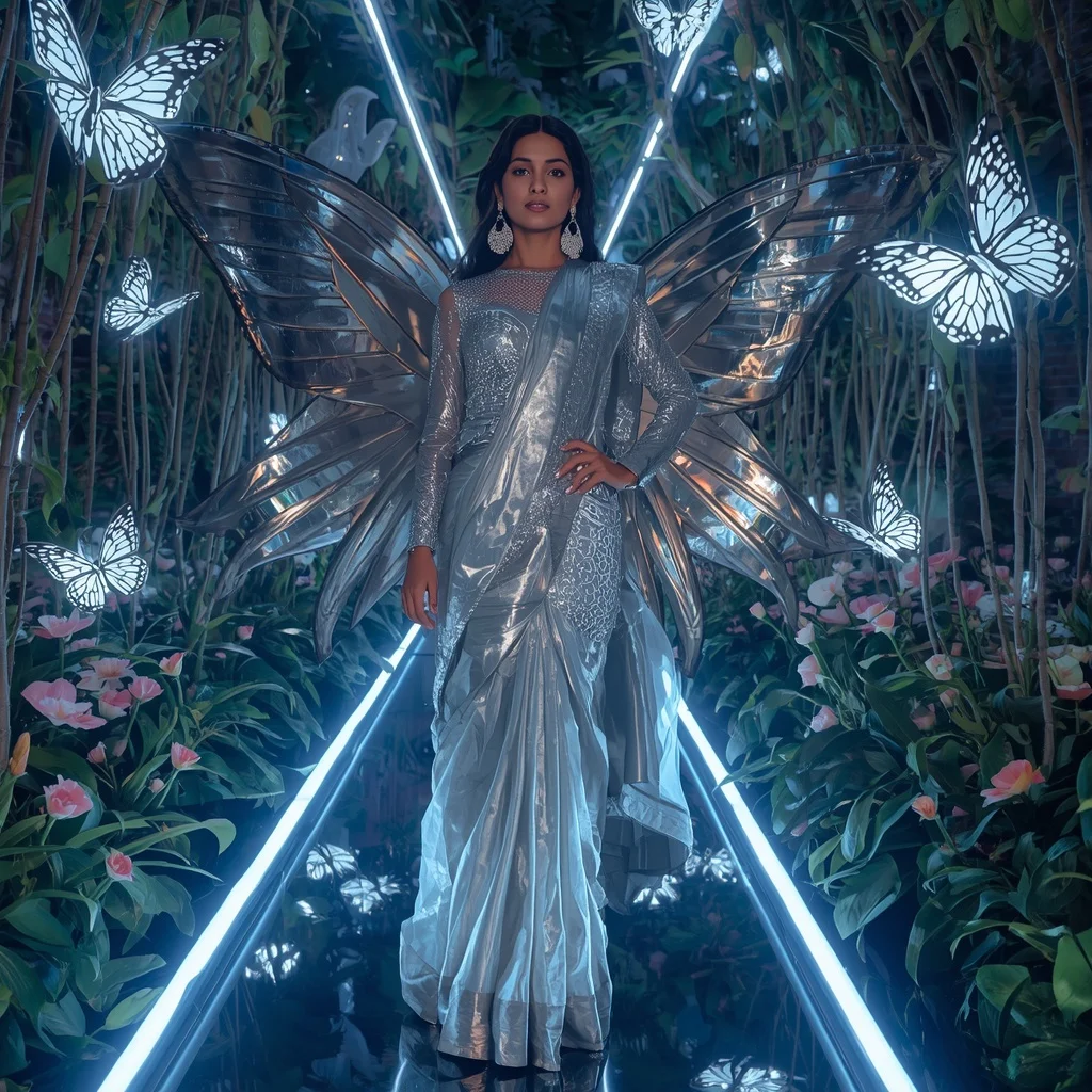 Silver Mirror Butterfly Saree with Multiple Futuristic Poses and LED Fantasy Garden Background | Lighting Ai Prompt