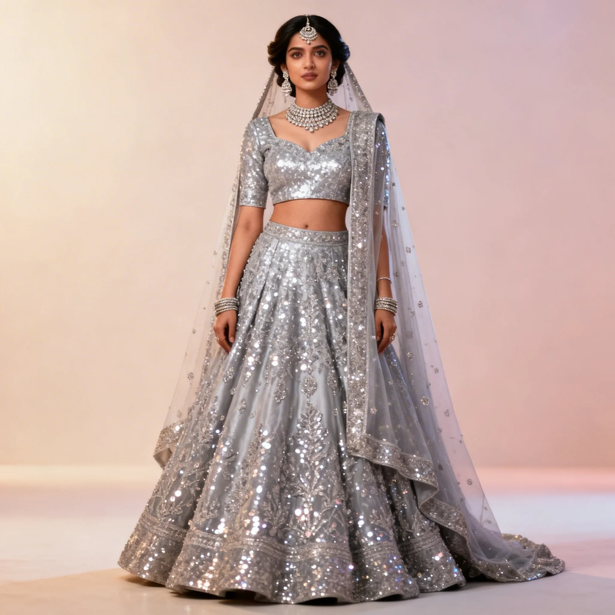 Silver Sequin Bridal Lehenga – Reception Bride Theme | Gemini Text To Image Prompt - Woman Pose AI Image Prompt
