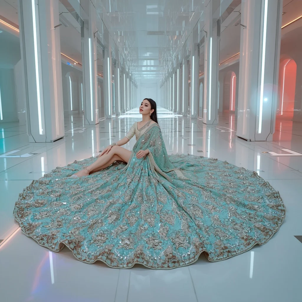 Soft Mint Heavy Metallic Applique Saree with 360-Degree Pooled Floor Sit Pose | Cute Girl Ai Prompt