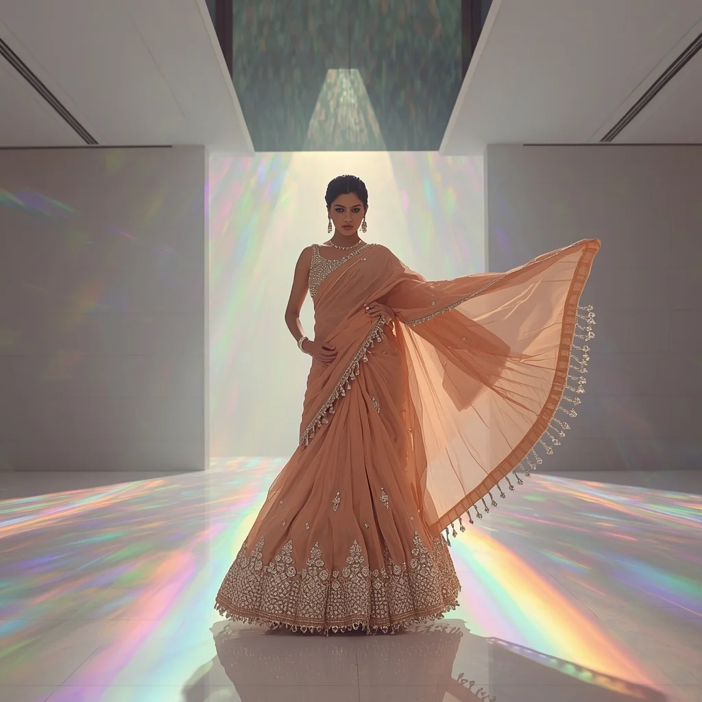 Soft Peach Massive Diamond Border Saree with Low Angle Power Stride | Instagram Highlight Cover Ai Prompt