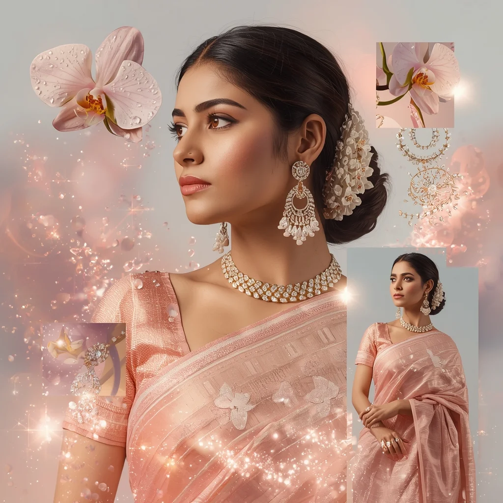 Sparkling Dew Orchid Pastel Saree Indian Woman Dreamy Collage | Prompt For Gemini Girl In Saree Instagram - Premium Art AI Image Prompt