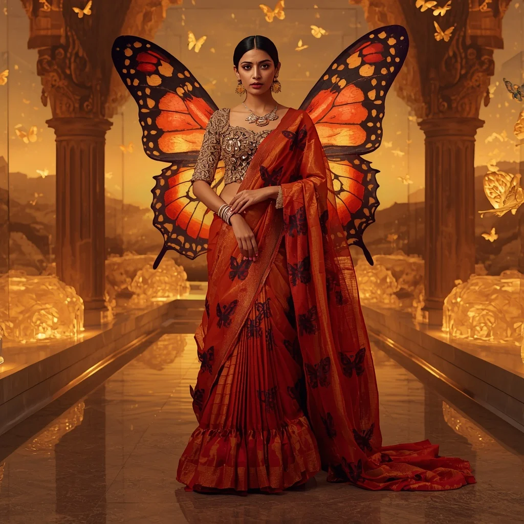 Sunset Mirage Butterfly Saree with Golden Desert Fantasy Background | Bridal Ai Prompt