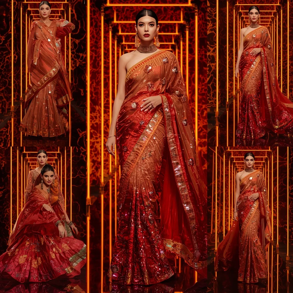 Sunset Royal Inferno Saree with Neon Lava Corridors | Festive Prompt - Woman Pose AI Image Prompt