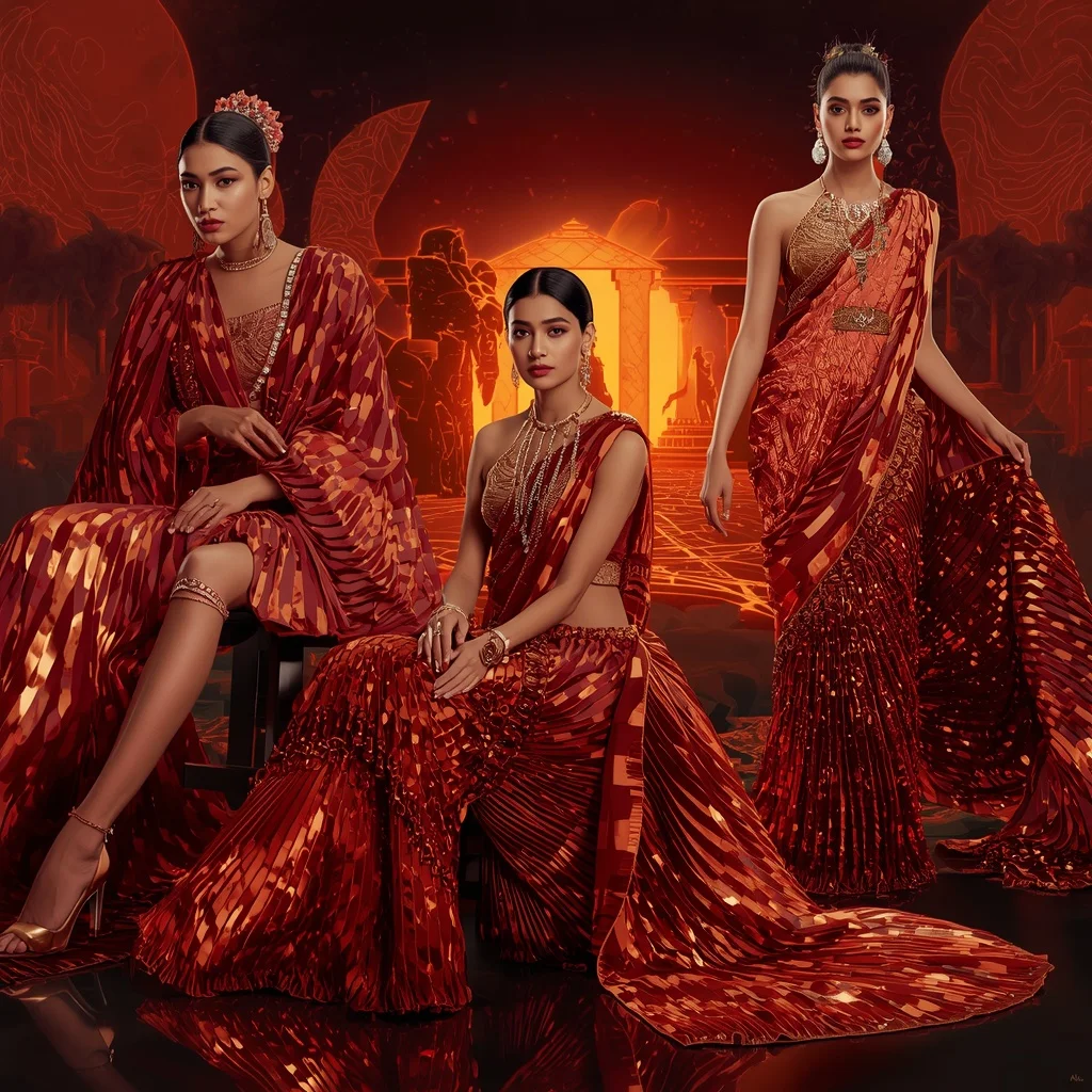 Sunset Royal Inferno Saree with Neon Lava Temples | Instagram Reel Ai Prompt - Woman Pose AI Image Prompt
