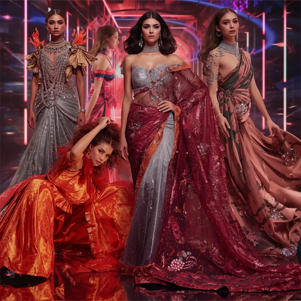 Titanium Crystal Inferno Saree with Floating Neon Orbit Corridors | Creative Ai Prompt - Woman Pose AI Image Prompt