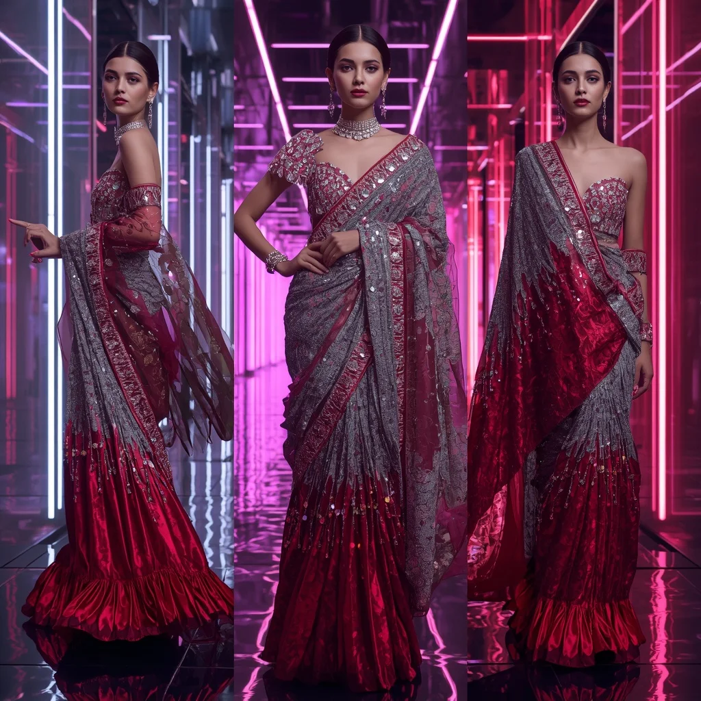 Titanium Crystal Inferno Saree with Floating Neon Orbit Corridors | Fitness Model Ai Prompt - Woman Pose AI Image Prompt
