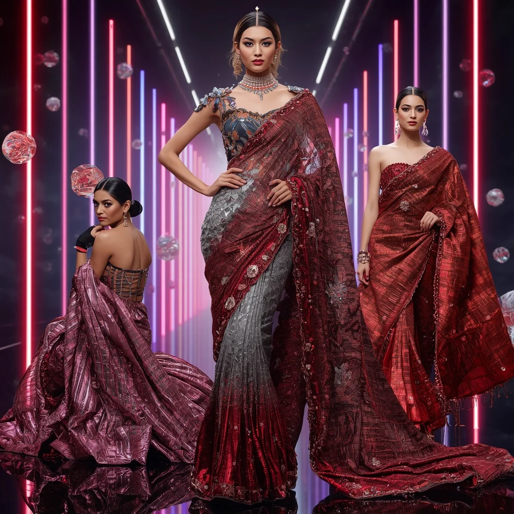 Titanium Crystal Inferno Saree with Floating Neon Orbit Corridors | Midjourney Prompt List - Woman Pose AI Image Prompt