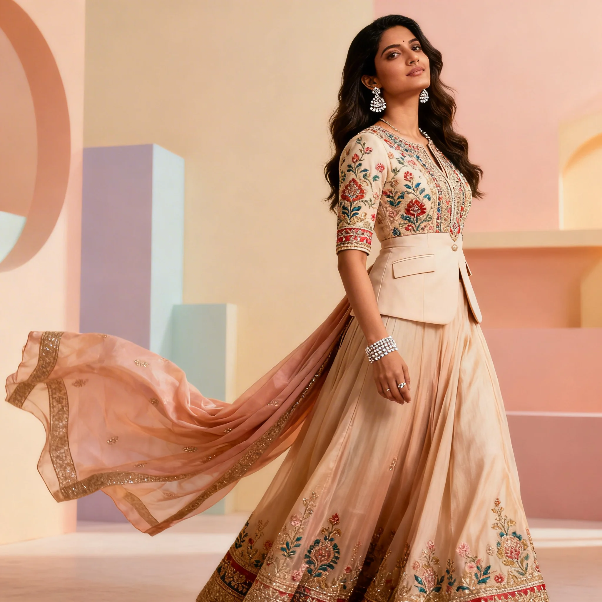 Traditional-Modern Dress – Side Profile Reel Elegance Pose | Gemini Prompt Image - Woman Pose AI Image Prompt