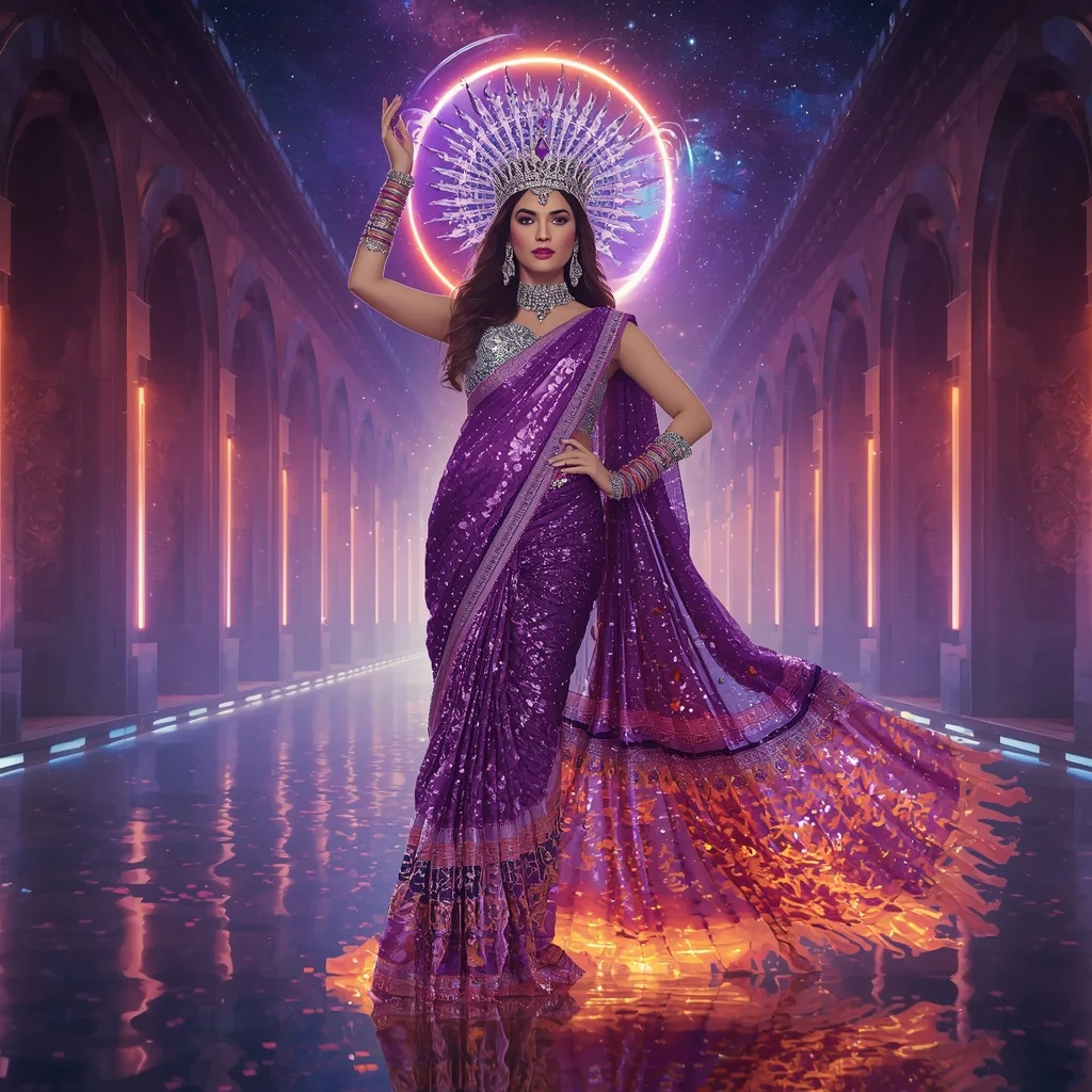 Violet Prism Solar Inferno Hyperqueen Saree with Electric Crown Omniverse Citadel | Copy Paste Ai Prompt