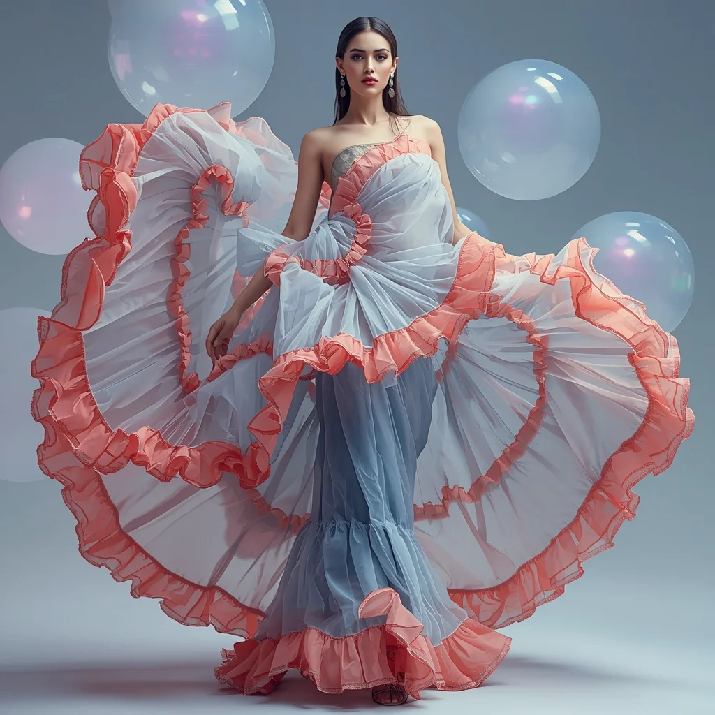 Voluminous Ruffled Organza Saree in Dynamic Light Spheres | Cinematic Saree Ai Prompt