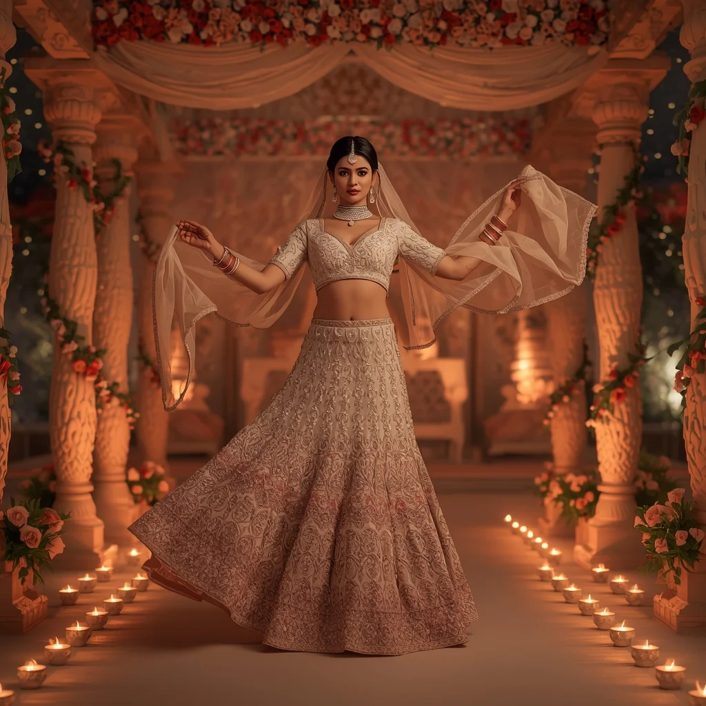 Wedding Mandap Elegance Pose with Floral Arch & Diyas Glow | Stylish Prompt For Girls